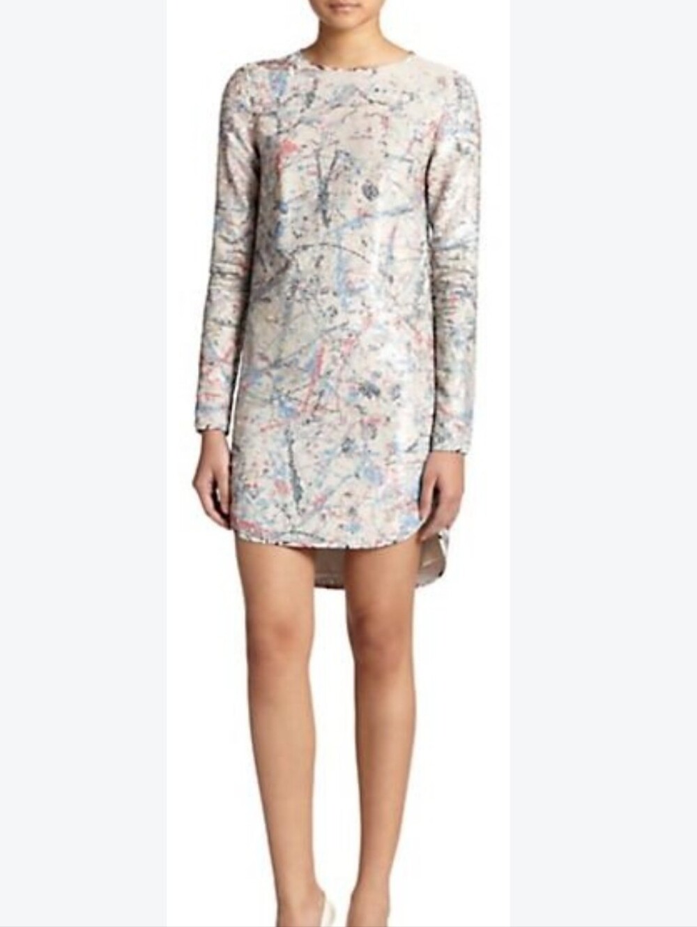 Sachin & Babi Sequin Shirt Hem Splash Print Long Sleeve Round Neck Dress Size 2